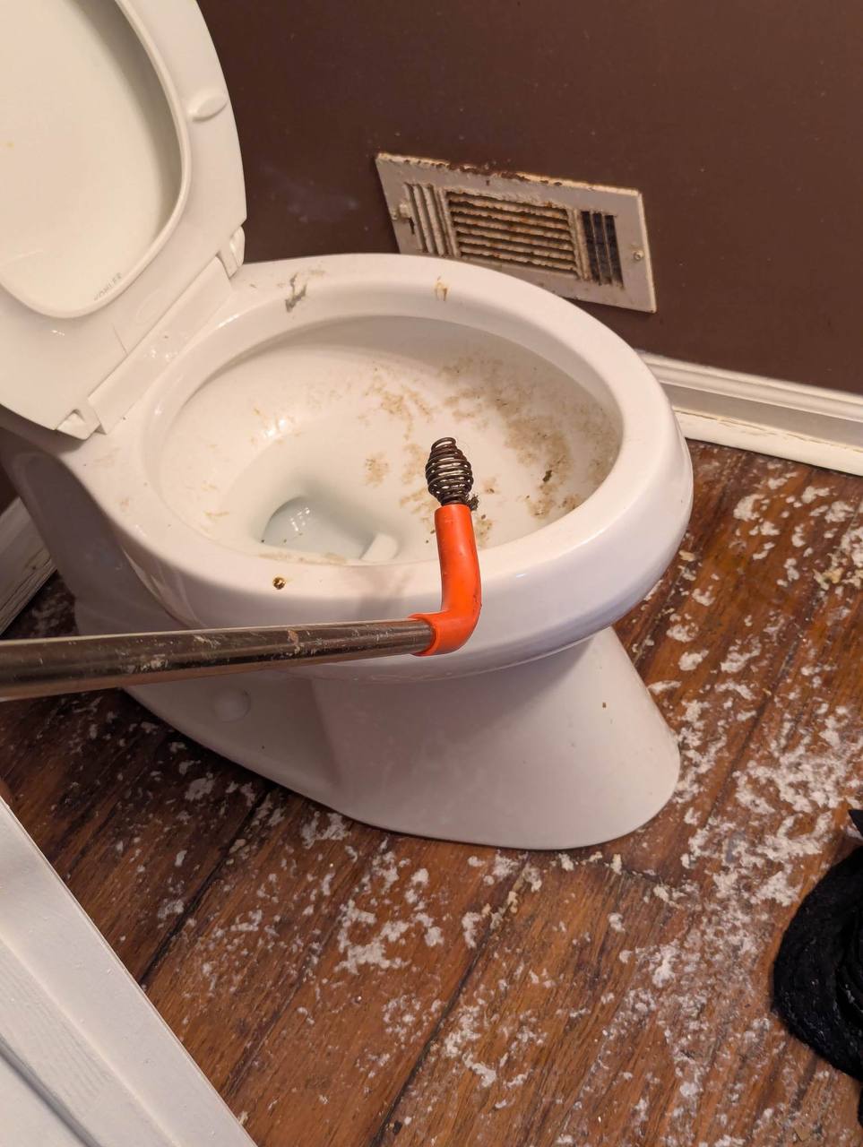 Toilet drain cleaning with auger snake
